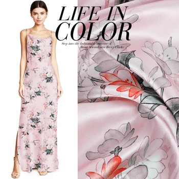 

118CM Wide 19MM Floral Print Stretch Water Pink Silk Satin Fabric Good for Summer Dress Skirt Shirt Pants JH202