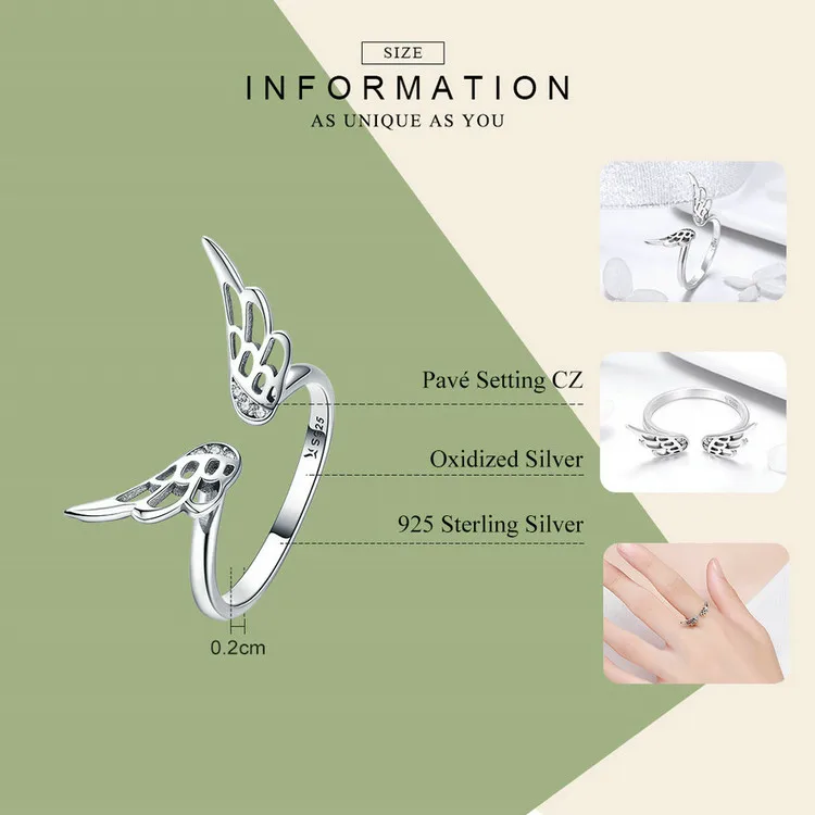 BISAER 925 Sterling Silver Open Size Angel Wings Feathers Adjustable Ring Finger Rings for Women Silver Wedding Jewelry ECR457