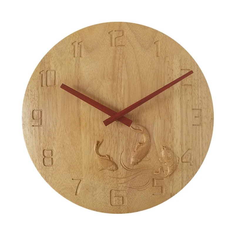 Chinese solid wood creative wall clock Hand carved carp bedroom Wooden