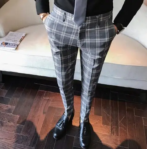 

Men Dress Pant Plaid Business Casual Slim Fit Pantalon A Carreau Homme Classic Vintage Check Suit Trousers Wedding Pants