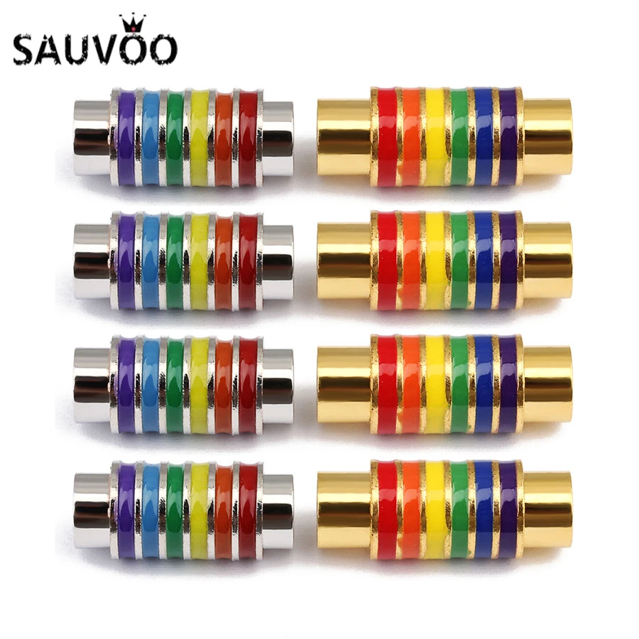 

SAUVOO 5Pcs/lot Rainbow Copper Strong Magnetic Clasps Hook End Cap Connector Fit 6mm Round Leather Cord For Bracelet Making