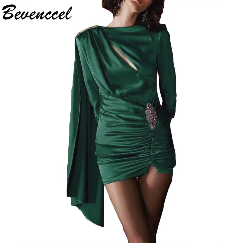 

Beveccel Green Sexy Long Sleeve Celebrity Evening Party Dress 2019 Vestidos Draped Cloak Front SplitElegant Sexy Women Dress