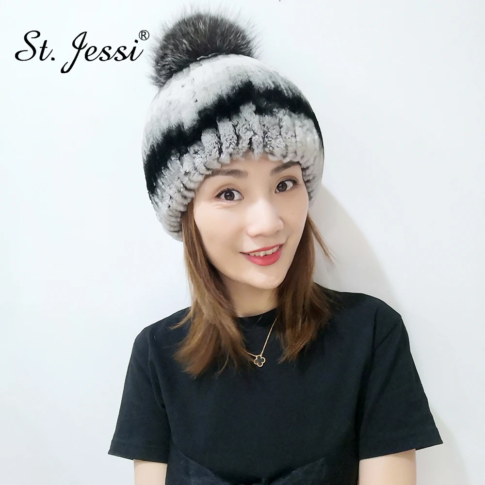 Женская меховая шапка ST.Jessi настоящий мех кролика толстая полосатая с помпоном