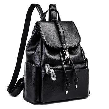 

Discount Solid High Quality Female Leather Backpack Women Designer School Bags Teenagers Girls Luxury Women Black Backpacks C696