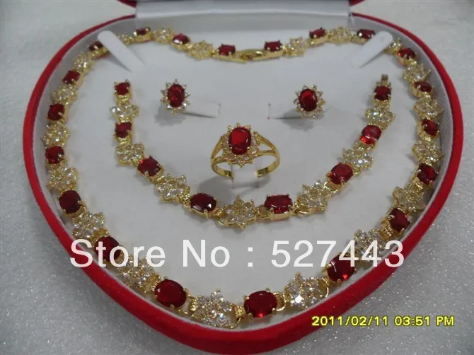 

FREE SHIPPING>>@> Wholesale 15BT6 Reds zircon jade14K Gold-plated necklace earring ring8 bracelet set Natural jewelry
