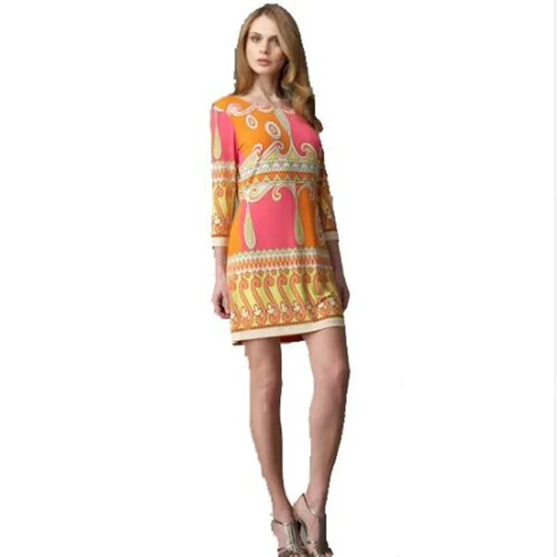 2019 epucci Italian Designer Brands Dress Women's 3/4 Sleeve Geometry Print Stretch Jersey Silk Plus Size XXL | Женская одежда