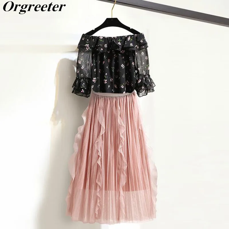 

2019 Summer Clothes Outfits Women Off the shoulder Floral Print Chiffon Blouse + Pink Ruffles Mesh Skirt Female Two Piece Set