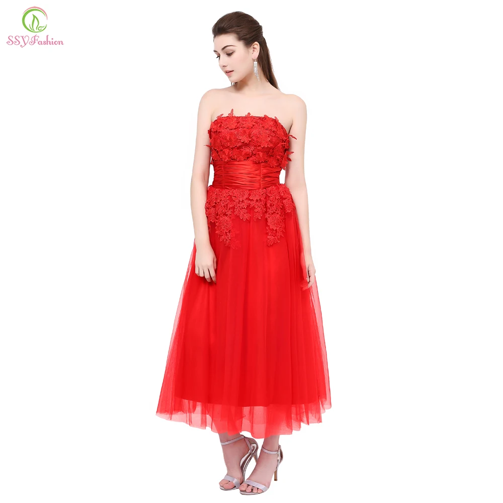 

Clearance Evening Dress Red Lace Strapless A-line Tea-length Party Gown The Bride Married Banquet Elegant Formal Dresses Custom