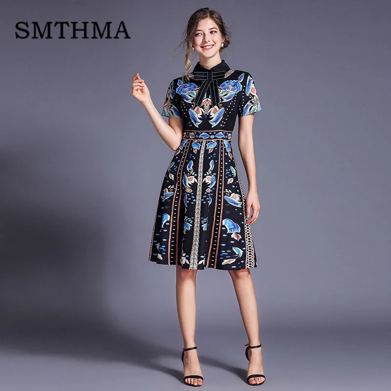 Smthma Высокое качество Роскошный дизайн подиума женское платье с принтом модное винтажное элегантное вечернее платье с бантом летнее платье с коротким рукавом