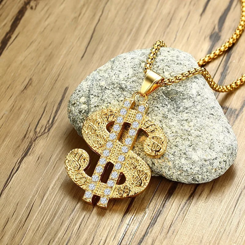 

Lced Out Golden Dollar Sign Pendant Necklace for Men Hip Hop Rap Style Accessories Male Jewelry 24
