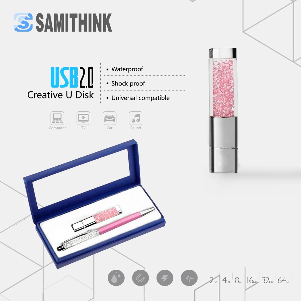 

Luxurious Crystal Set Pen Drive Custom Gift USB Flash Drive High Speed USB 2.0 Flash Memory Stick 64GB 32GB 16GB 8GB 4GB