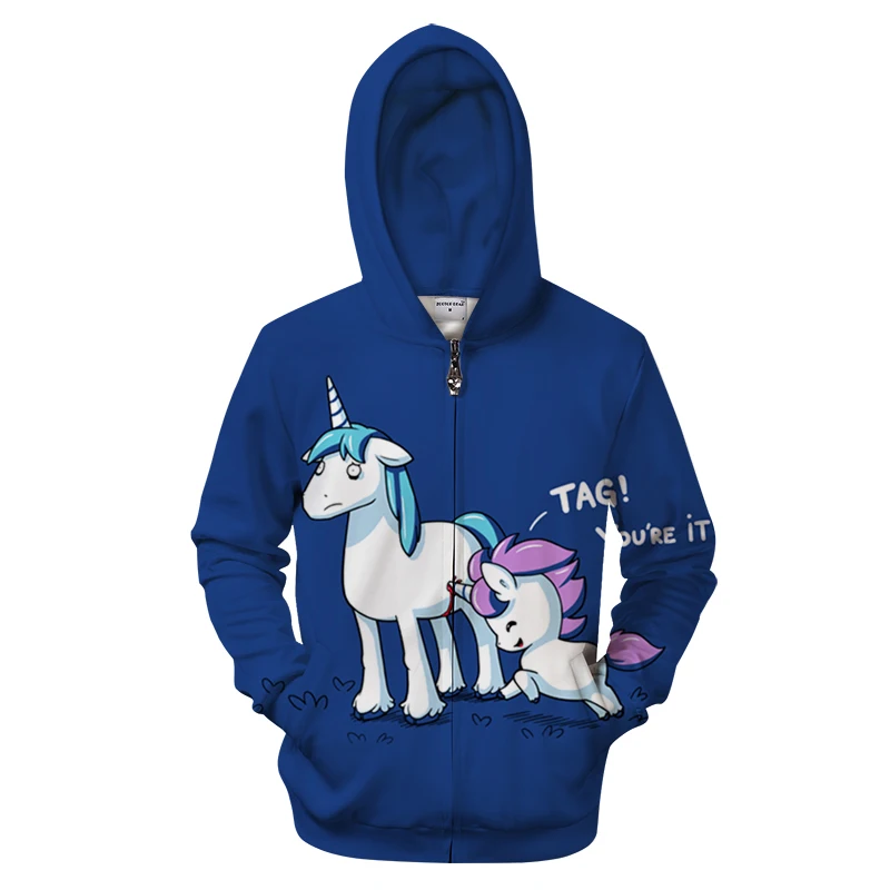 

2019 Autumn Large Size Men's Sportswear Fashion New Hoodie Cartoon Unicorn 3D Print Zip Shirt
