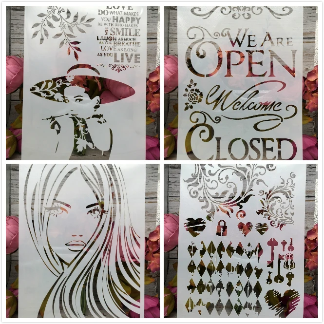 

4Pcs/Set A4 Lady Open Closed DIY Layering Stencils Painting Scrapbook Coloring Embossing Album Decorative Card Template