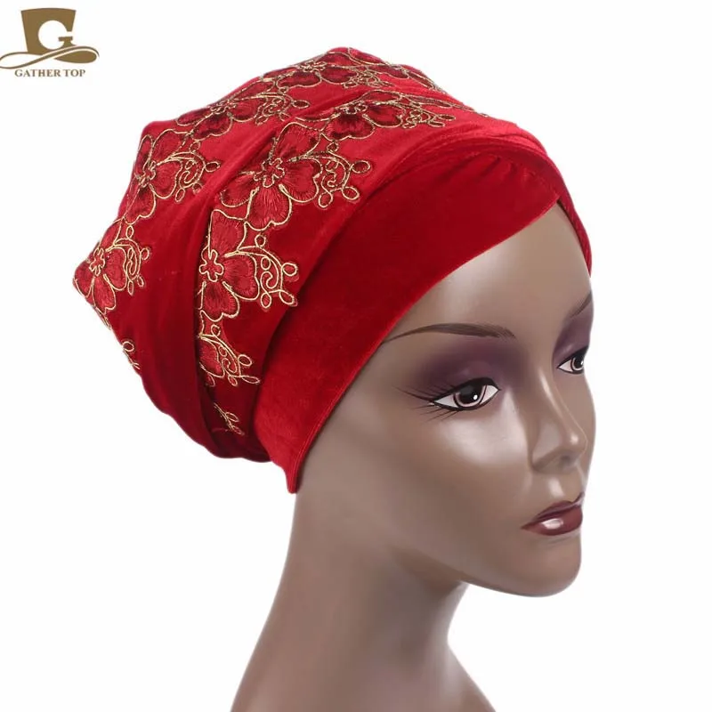 Flor de Veludo Novo Luxo Nigeriano Turbante Cabeça Longa Envoltório Headwrap Elegante Lenço Hijab Boné 3d 8 Cheap Acessórios para cabelo (mulheres)