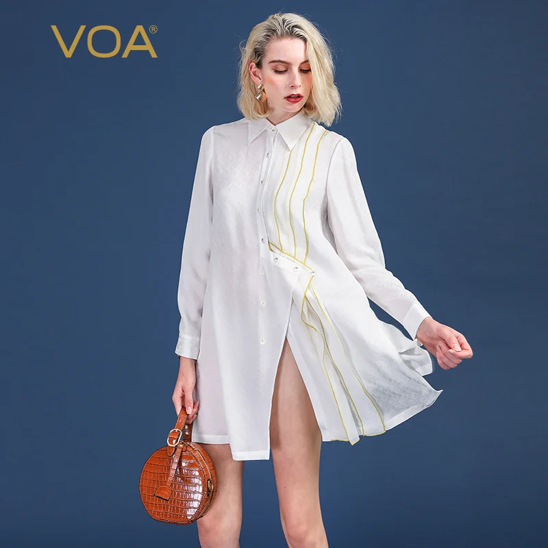 VOA белый Завышение шелковая блузка BF свободную рубашку Для женщин Повседневное женские офисные Топы с длинным рукавом Mori Girl нерегулярные