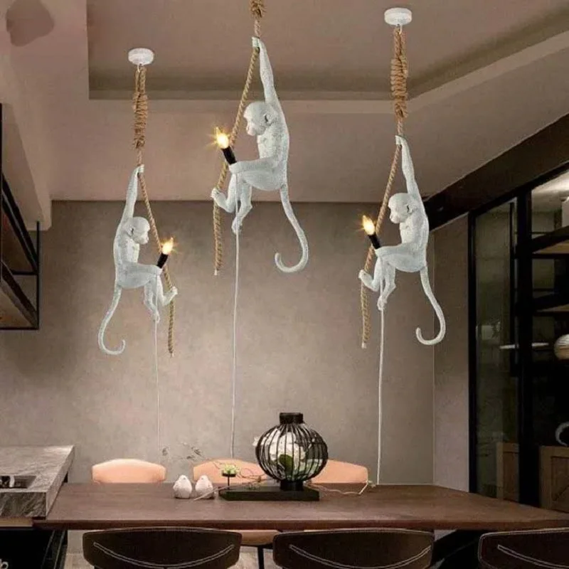 

Nordic Resin Seletti Hanging Monkey Lamp Modern Black Monkey Hemp Rope Pendant Light Fashion Simple Art SELETTI Led Lighting