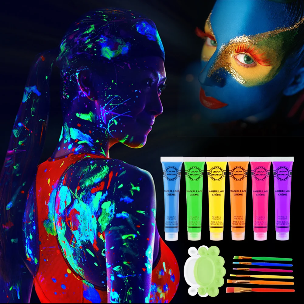 6 цветов неоновая флуоресцентная светящаяся в темноте художественная краска для лица УФ светящаяся вспышка модный макияж для вечеринки по случаю Хэллоуина краска для тела ing