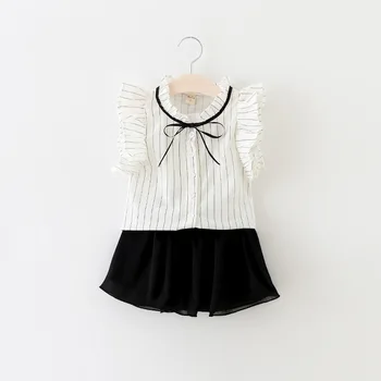 

2019 new girls clothes Korean cute striped fly sleeve shirt + culottes suit Blouse + shorts 2 pcs sets