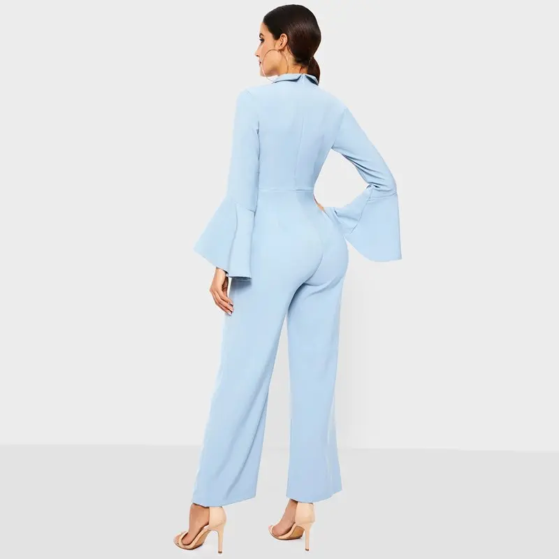 Online Women Wide Leg Jumpsuit Spring Office Wear Fashion Lace Up Flare Sleeve Gray Elegant Ladies Casual Business Work Long Jumpsuits