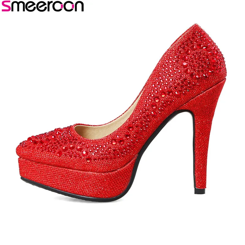 

Smeeroon 2018 spring autumn new fashion thin heels pumps slip on shallow pointed toe with crystal red party wedding ladies shoes
