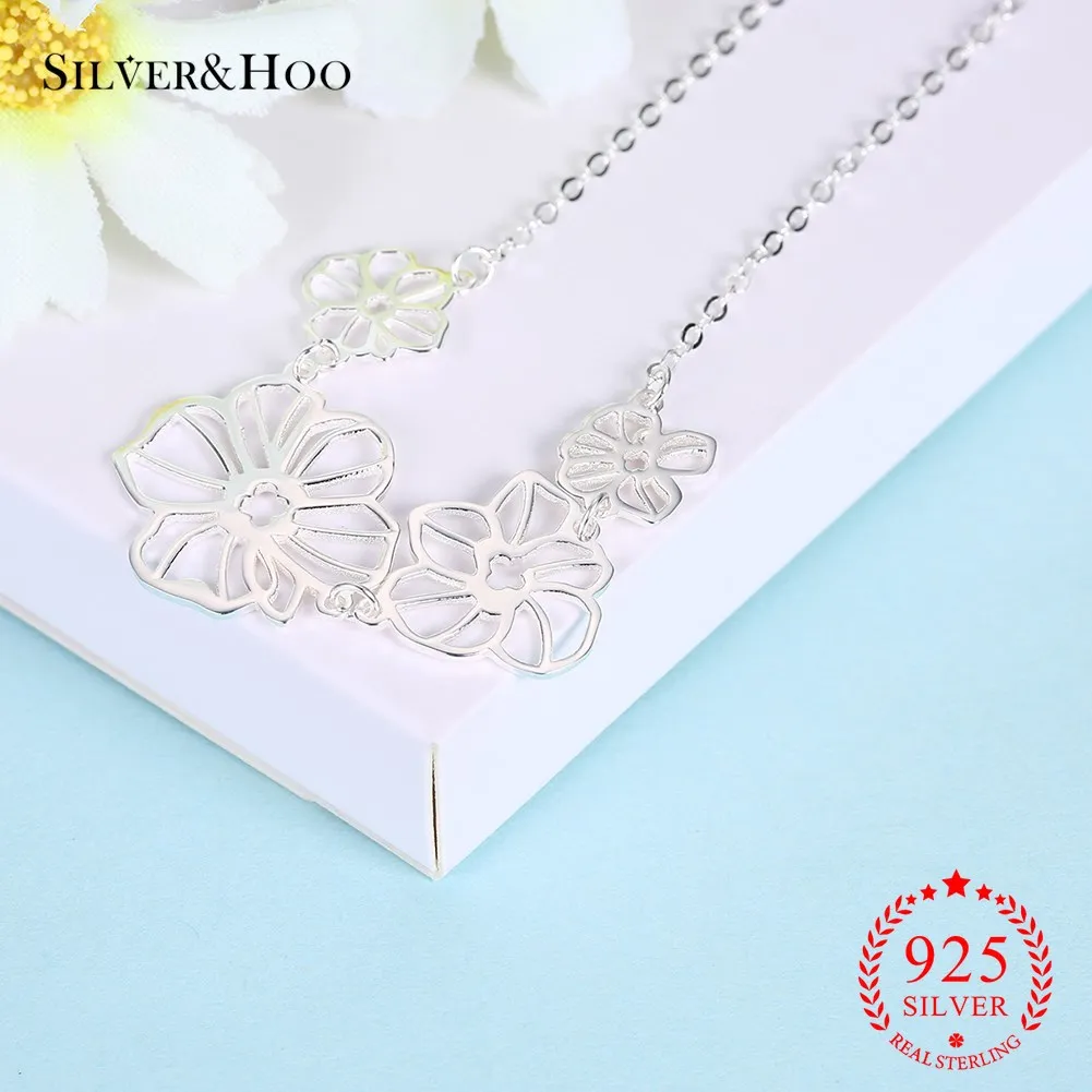 

SILVERHOO Authentic S925 Real Sterling Silver Necklace Openwork Flower Style Fashion Necklace Romantic Ladies Gift
