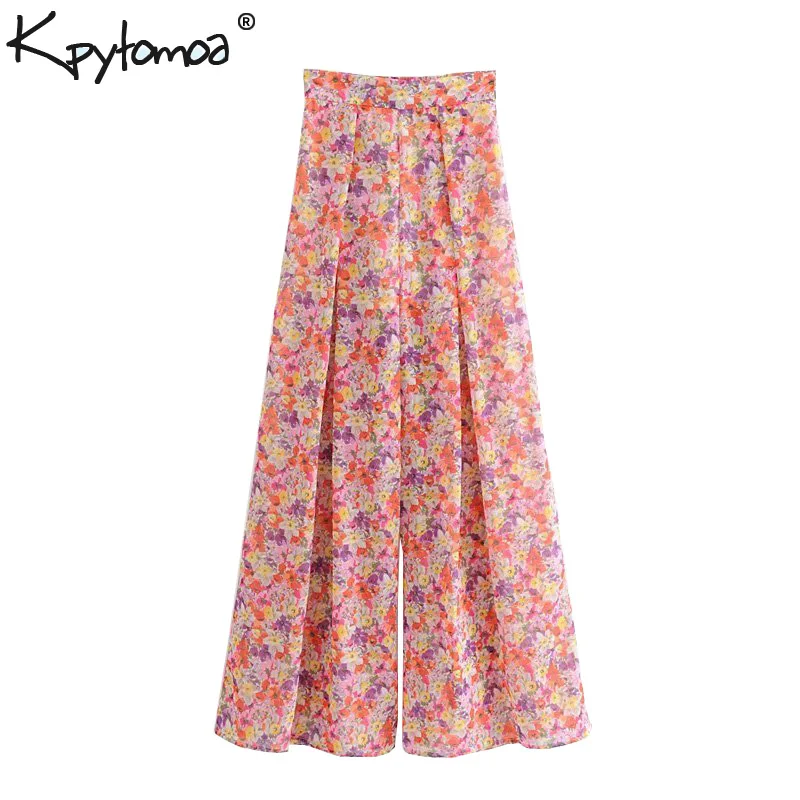 

Vintage Chic Floral Print Chiffon Wide Leg Pants Women 2019 Fashion Side Zipper Back Elastic Trousers Casual Pantalon Mujer