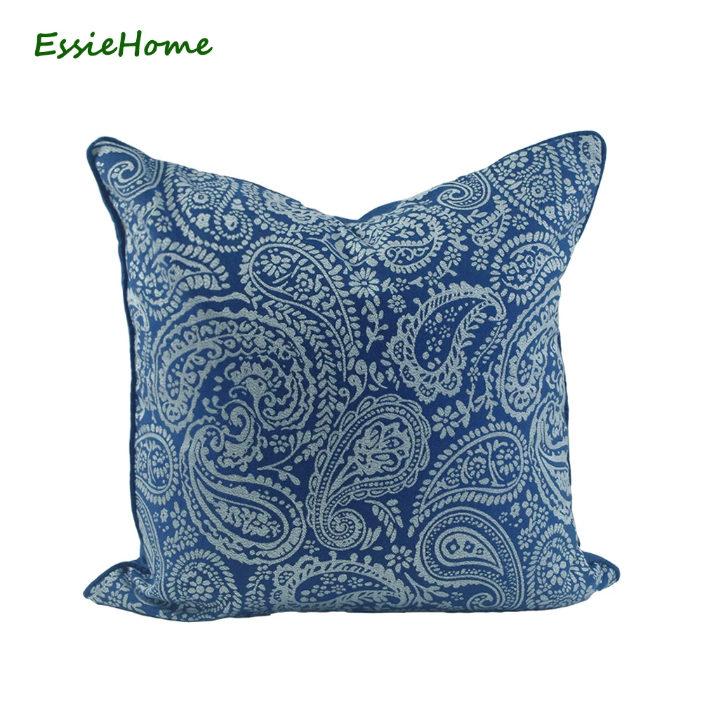 

ESSIE HOME Navy Blue Vivid Blue Royal Blue Cushion Cover White Paisley Pillow Case Jacquard Cushion With Piping Edge