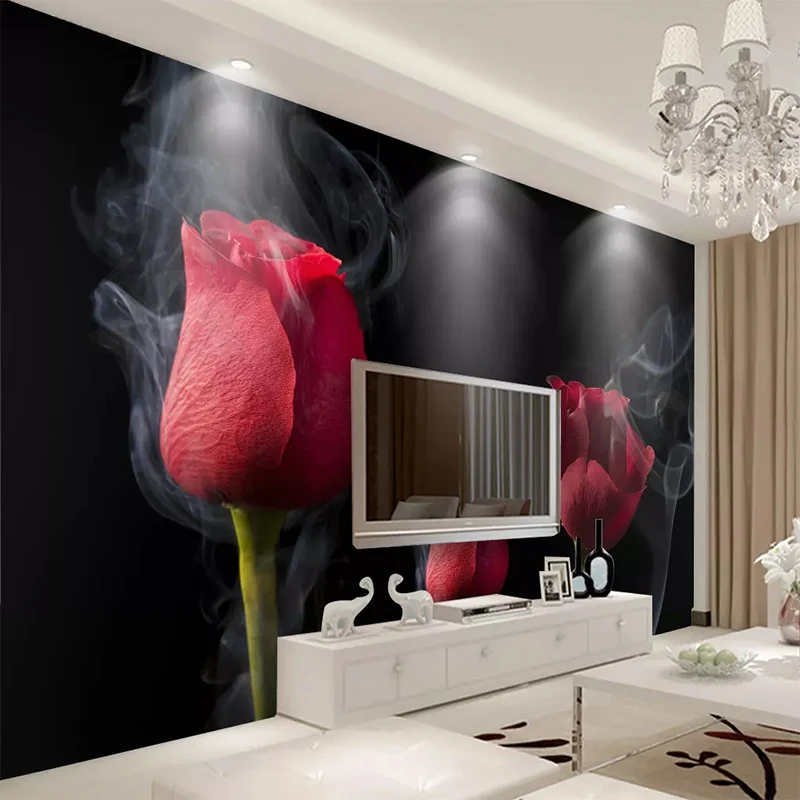 

Custom Any Size Wall Cloth Romantic Smoke Red Rose Mural 3D Wallpaper Living Room TV Bedroom Background Home Decoration Fresco