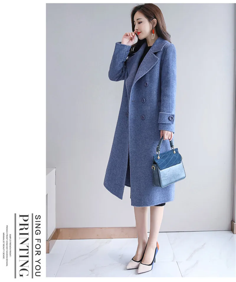 Синее шерстяное Женское пальто выше колена на осень и зиму, новинка, популярное длинное толстое кашемировое шерстяное пальто, Женское пальто N885