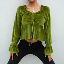 Плиссированная расклешенная футболка с длинным рукавом женская элегантная повседневная бархатная женская футболка с квадратным воротником футболка со сборкой женская рубашка