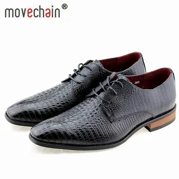 

movechain Fashion Men's Crocodile Pattern Dress Casual Shoes Man Genuine Leather Square Toe Oxfords Mens Lace-Up Business Flats