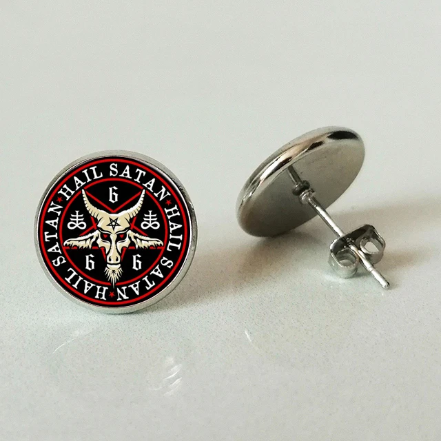 

Ba Fengte HAIL SATAN earrings personalized ear jewelry boyfriend's gift convex round glass earrings
