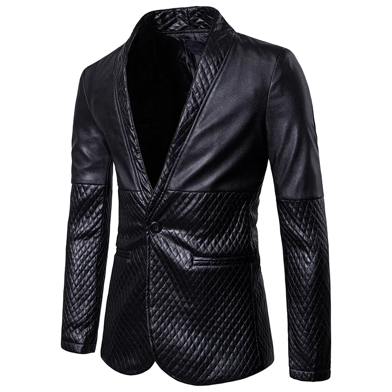 Кожаный мужской блейзер, весна-осень, Мужской приталенный Блейзер размера плюс, тонкий Однотонный мужской пиджак, высокое качество - Цвет: Black 1
