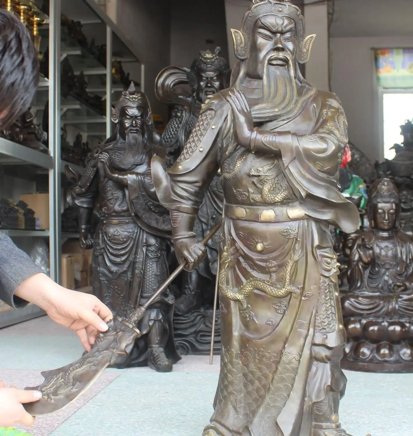 

40" China Bronze Stand Dragon Guan Gong Guan Yu Warrior God Hold Sword Statue