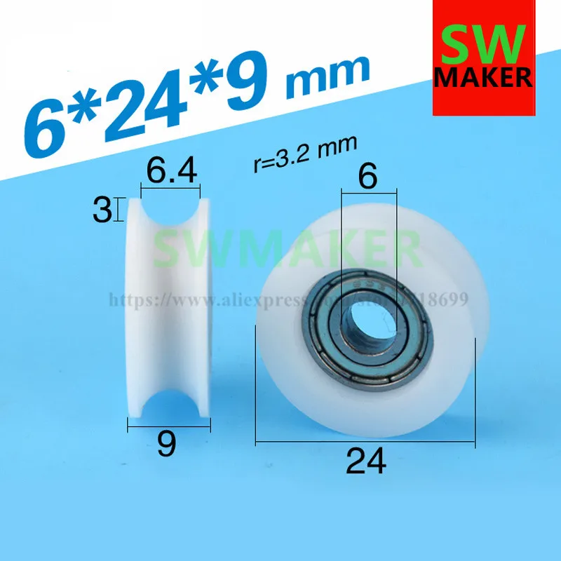 SWMAKER 6*24*9 мм U-образный пластиковый нейлоновый шкив с подшипником 625 для плоского