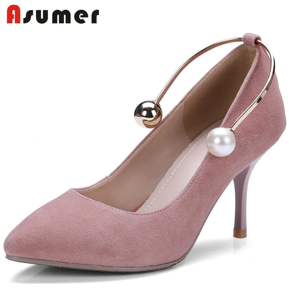 

ASUMER 2018 NEW fashion suede leather pumps women pearl+metal decoration pointed toe thin high heels summer shoes wedding shoes