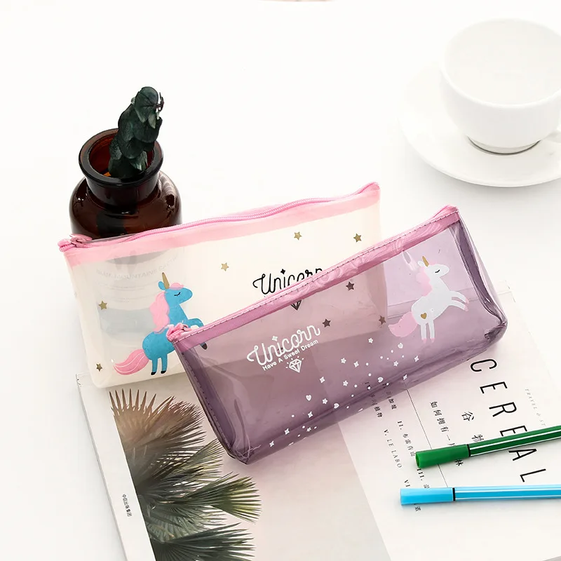 Unicorn Design Multi Color Transparent Pencil Case Stationery Storage Organizer Cosmetic Pouch School Office Supplies