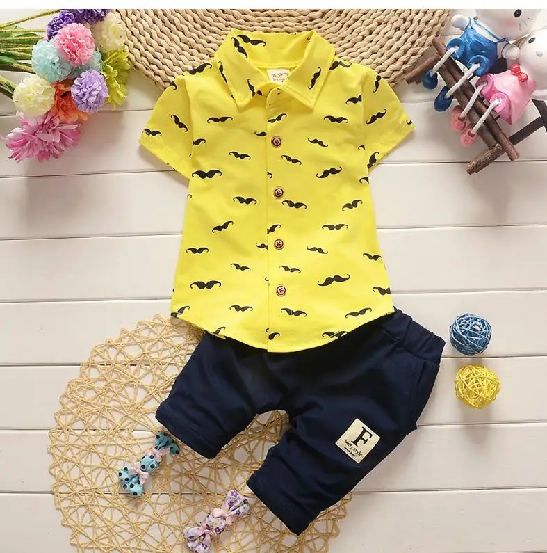 2016 New Fashion Kids Clothes Boys Summer Set Print Shirt + trousers