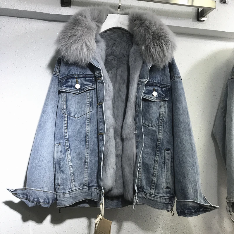 

Winter Denim Jacket For Women Removable Rabbit Wool Liner Jeans Jacket Real Fox Fur Collar Plus size Warm Basic Coat Outerwear