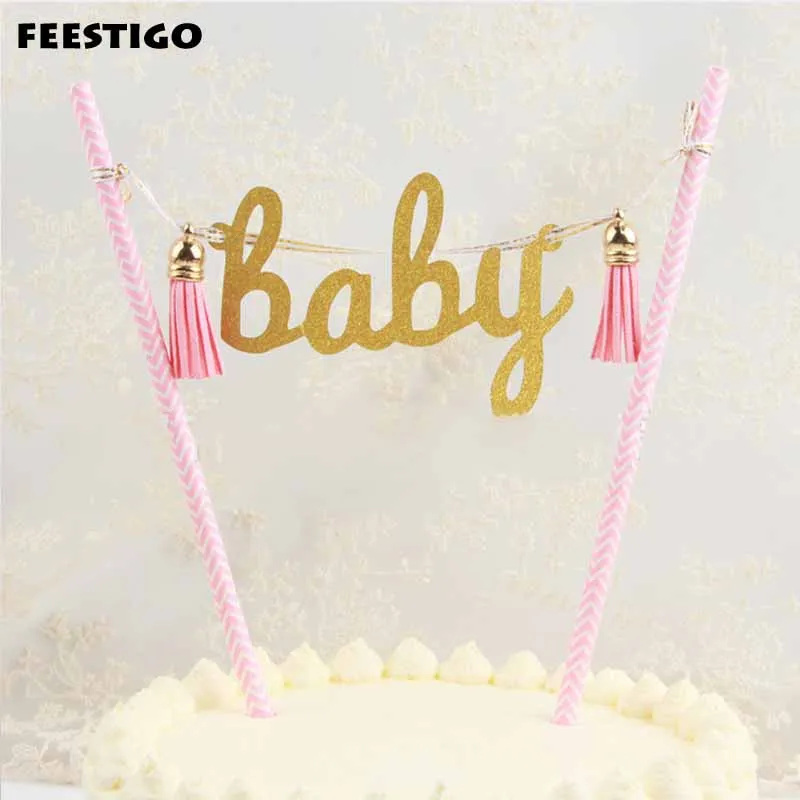 FEESTIGO Baby Shower Party Cake Topper Золотая блестящая бумага для девочек и мальчиков розовый