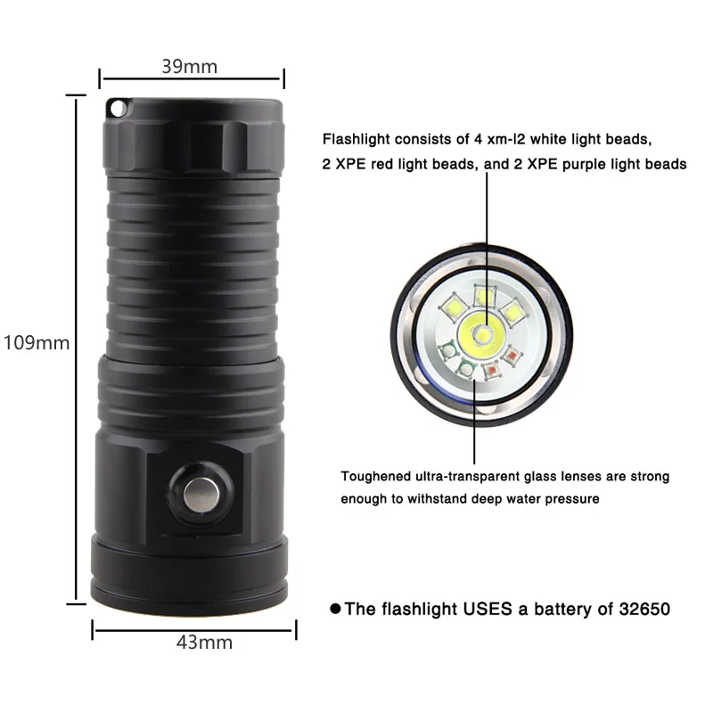 4 режима затемнения Дайвинг фонарик XM-L2 Белый УФ красный Подводное видео с фонарем лампа Дайвинг факел 32650 перезаряжаемый светодиодный фонарик