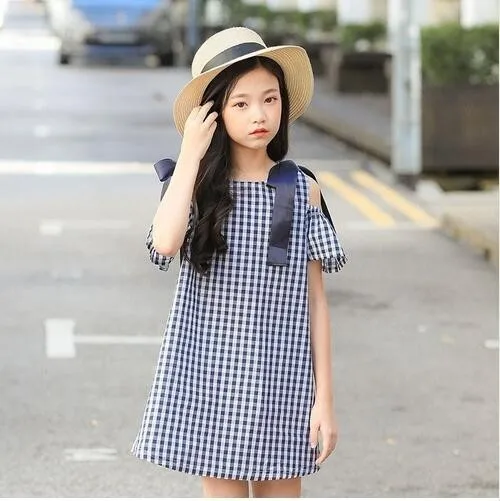Модные летние платья в клетку из хлопка для детей; вечерние платья до колена с бантом; пляжный костюм принцессы для маленьких девочек