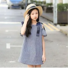 Модные летние платья в клетку из хлопка для детей; вечерние платья до колена с бантом; пляжный костюм принцессы для маленьких девочек