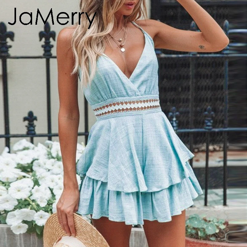 Женский винтажный комбинезон без рукавов JaMerry синий короткий с открытой спиной