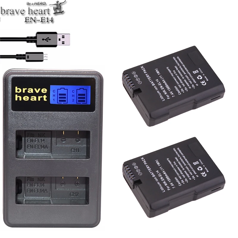 Brave сердце 2x bateria EN-EL14 RU EL14 батарея+ USB Зарядное устройство для цифровой камеры Nikon COOLPIX P7000 P7700 P7800 D3100 D3200 D3300 D5100 D5200