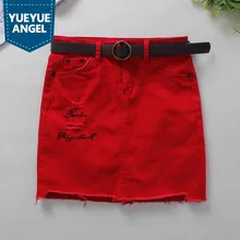 Новые корейские летние красные женские джинсовые юбки узкие юбки-Карандаш мини джинсовая юбка с вышивкой и буквенным узором женская уличная одежда