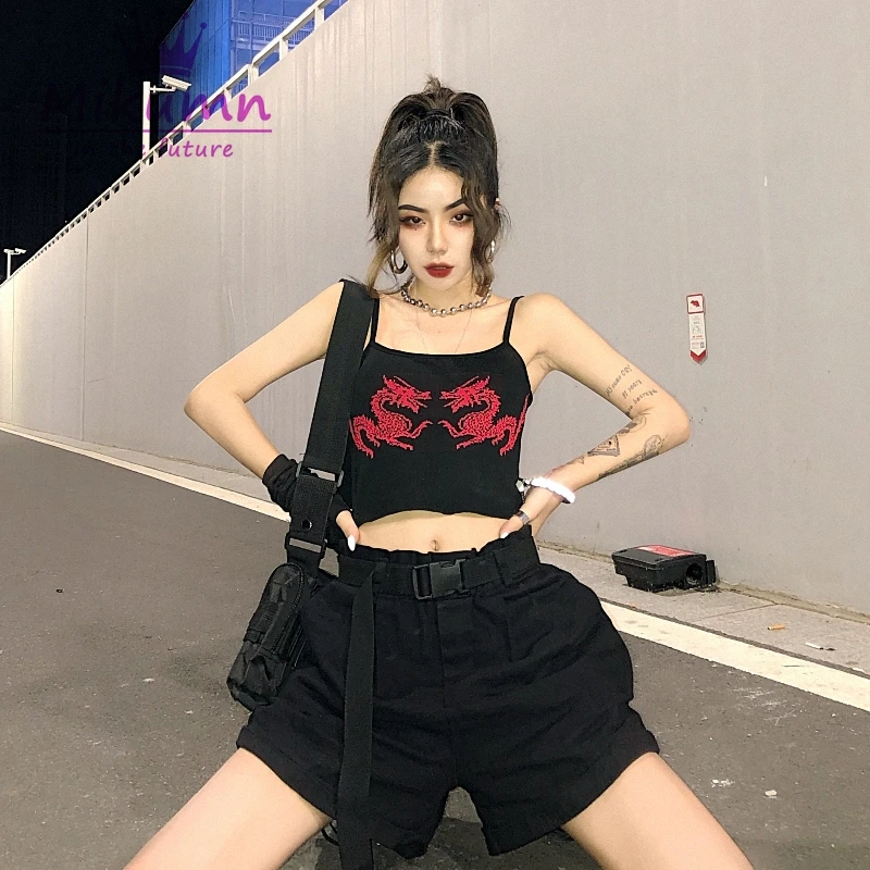 

Gothic Punk Harajuku Dragon Embroidery knitting Sexy Strap Crop Top Camisole Streetwear