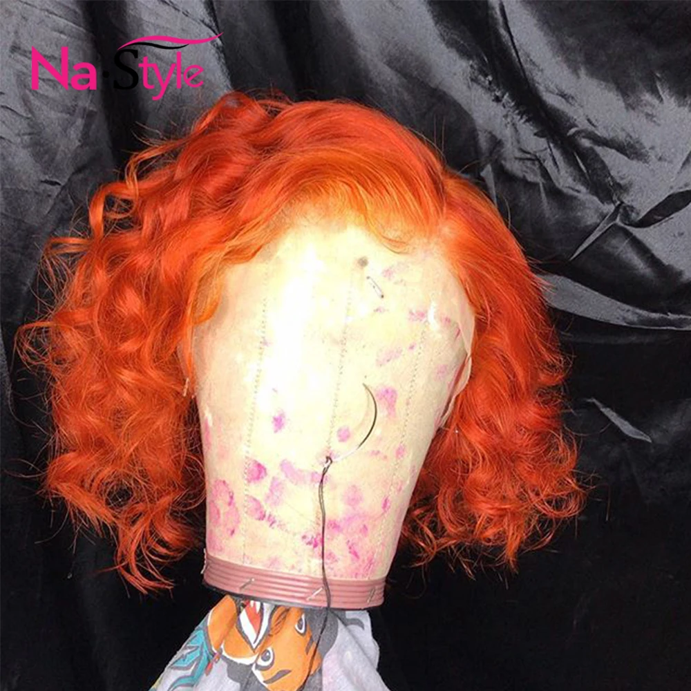 Оранжевый парик фронта шнурка Боб парики Кудрявые человеческие волосы короткий кудрявый парик цветной парик фронта шнурка человеческие волосы с детскими волосами