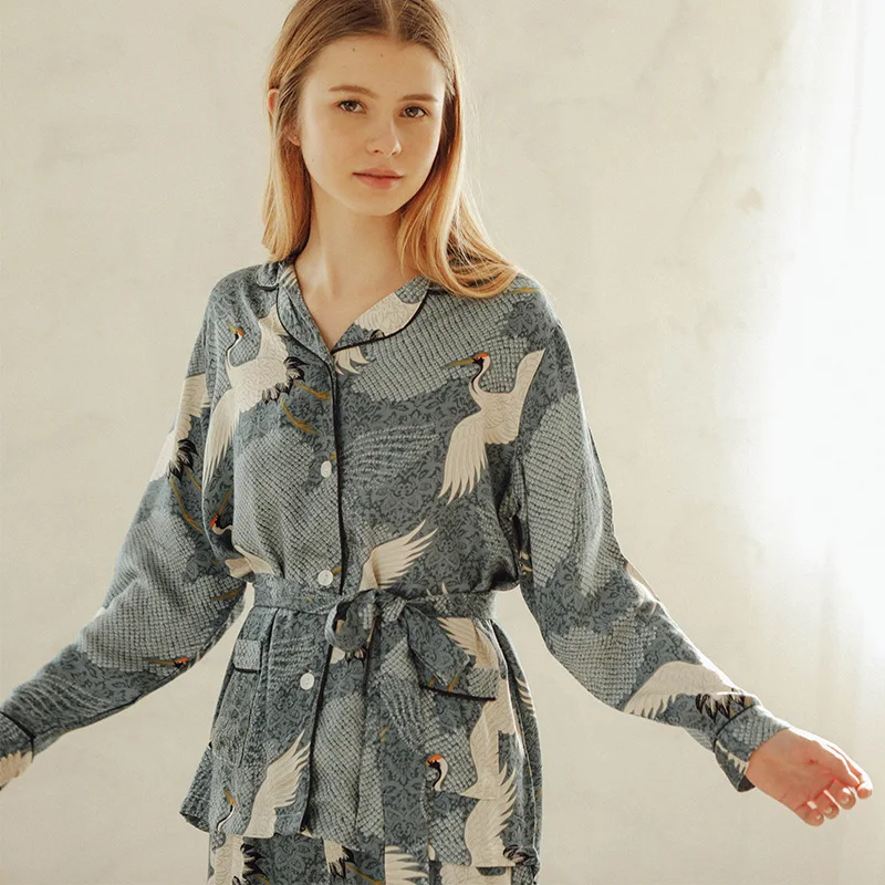 CEARPION принт журавль женский пижамный комплект осень весна длинный рукав 2 шт. рубашка+ брюки пижамы элегантная женская домашняя одежда