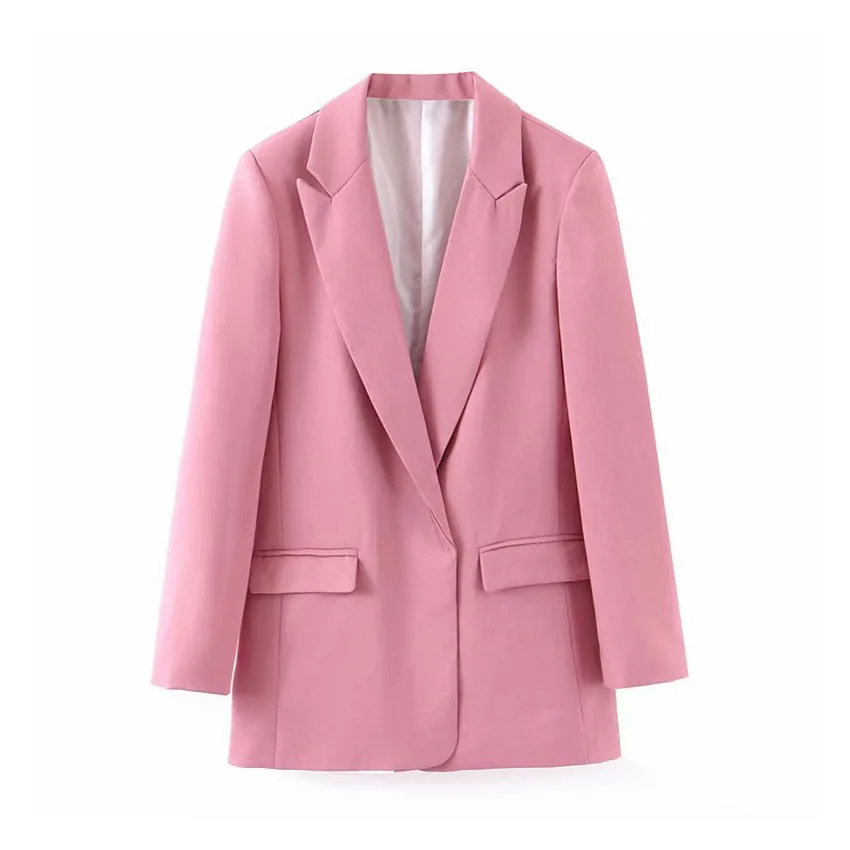 

Women basic solid blazers long sleeve open stitch pockets pink female outwear elegant jacket coat tops